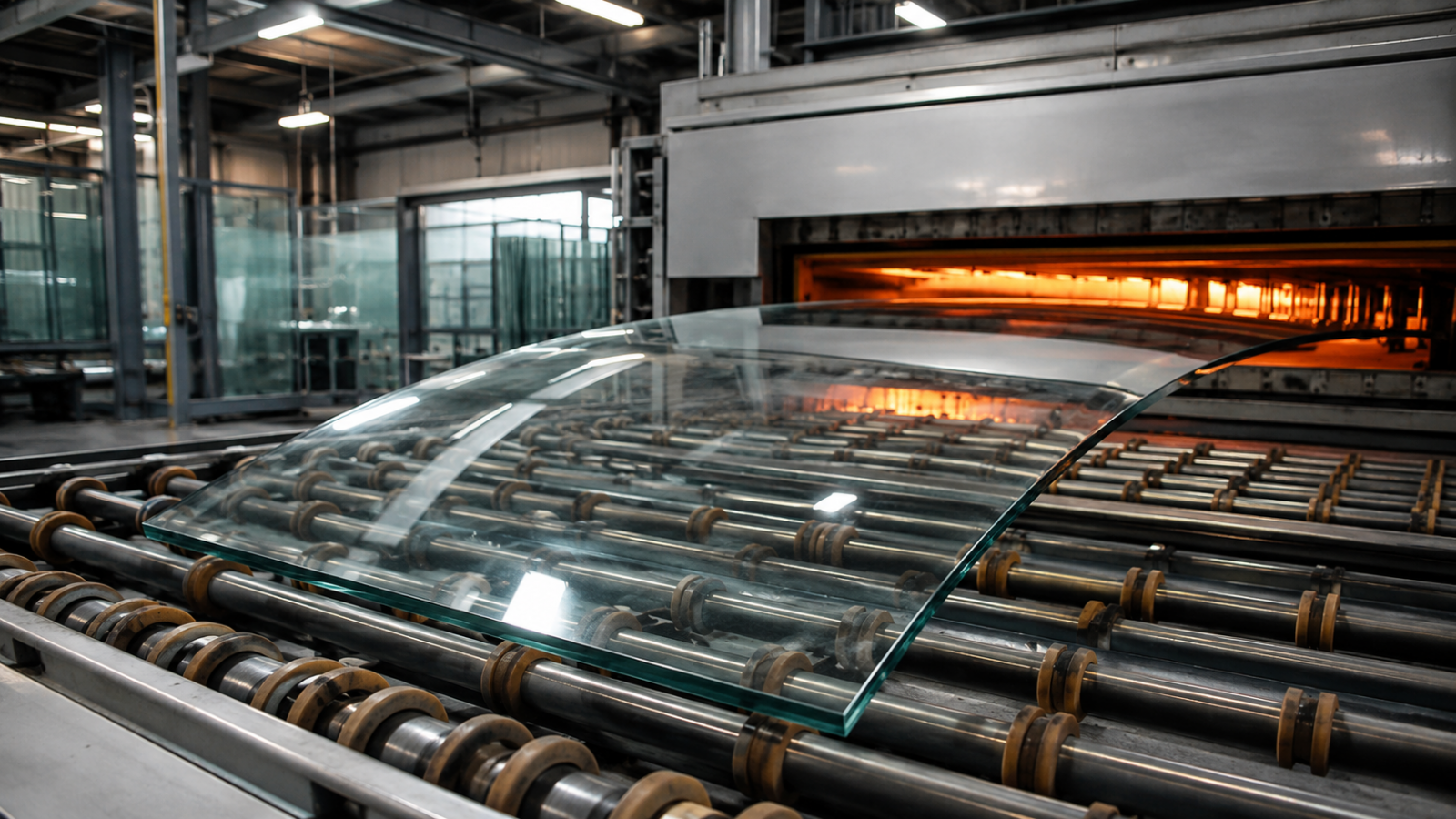 กระจกดัดโค้งระหว่างกระบวนการผลิตในโรงงาน - Curved Glass Heat Treatment และการขึ้นรูป