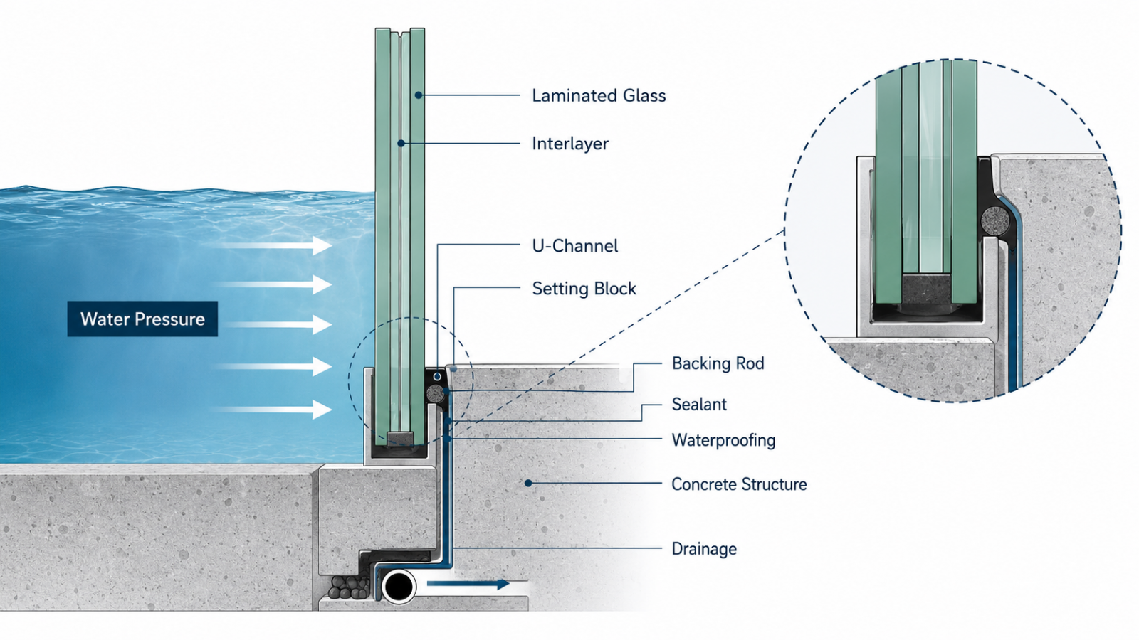 แผนภาพตัดขวางกระจกสระว่ายน้ำ U-Channel Sealant และแรงดันน้ำ