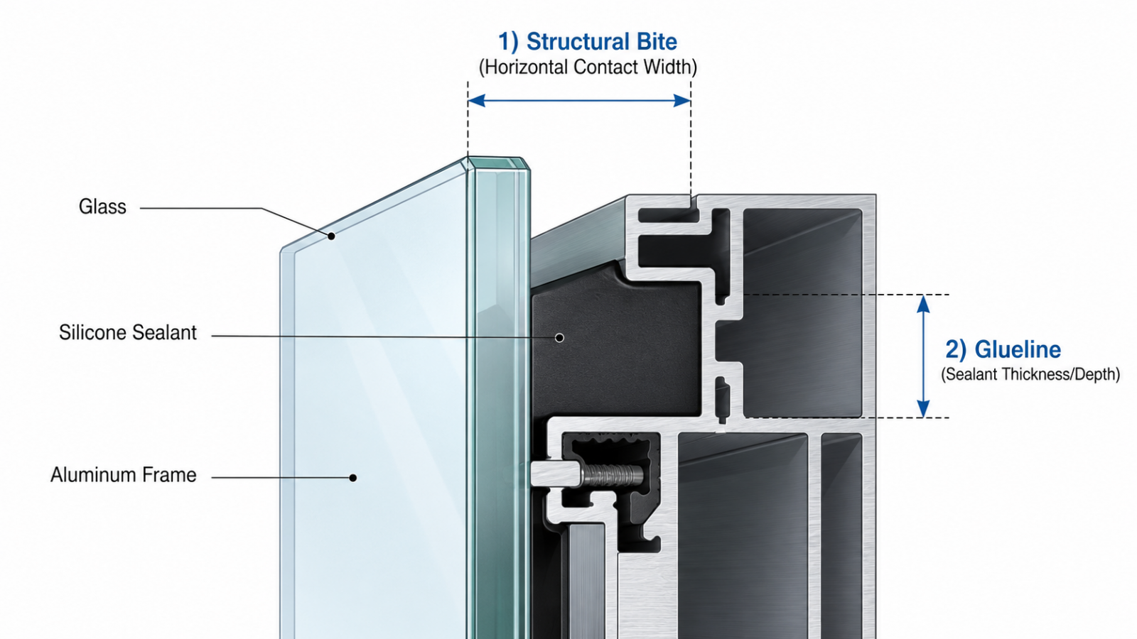 แผนภาพหน้าตัดแสดงความกว้าง Structural Bite และความหนา Glueline ของแนวซิลิโคนยึดกระจก